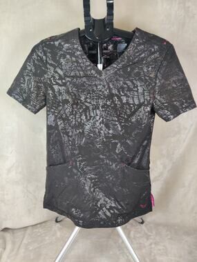 Smitten Women's Scrub Top Size Small Gray V Neck Pockets Medical Nurse